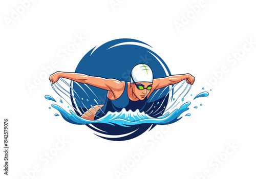 Professional swimmer with swim cap and goggles doing butterfly stroke in water
