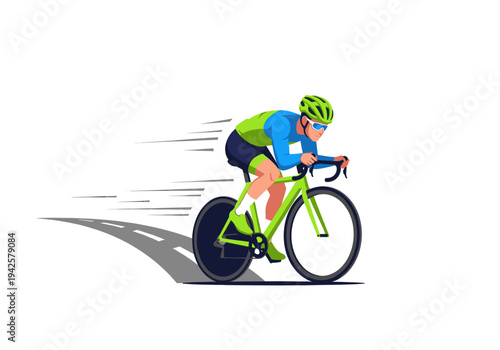 Male cyclist in a helmet and sportswear riding a green road bike quickly