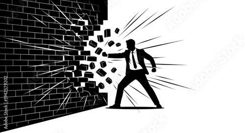 Man Breaking Through Brick Wall.