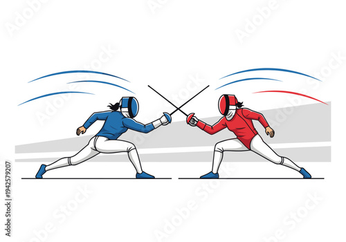 Two fencers in full protective gear engaged in a competitive fencing match with swords crossed