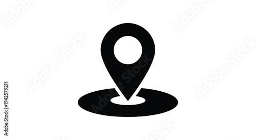 Simple black and white icon depicting a location pin on a circular base