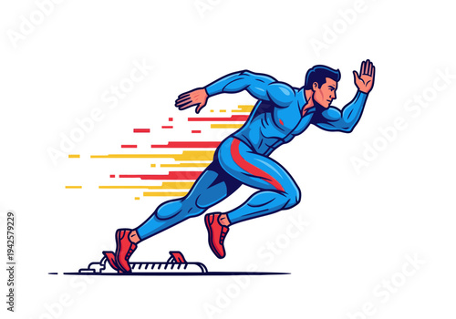 Dynamic male sprinter in a blue and red uniform exploding from starting blocks, illustrating speed.