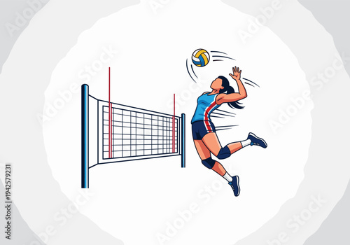 Female volleyball player jumping to spike the ball over the net during a game