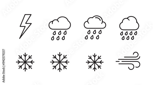 Weather Icons Set Lightning Rain Snowflakes Wind Simple Line Icons