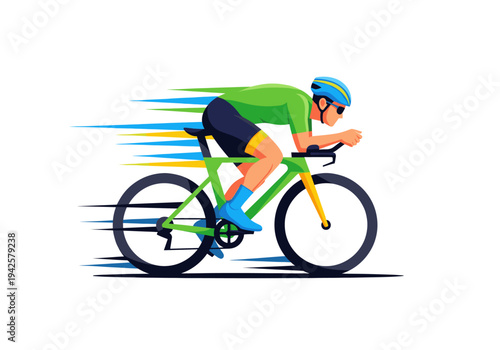 Energetic male cyclist in blue helmet riding a green road bike at high speed with motion blur effect