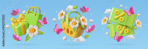 Spring sale 3d icons with flowers, butterflies shopping bag, basket and discount coupons. Cute realistic vector illustration.