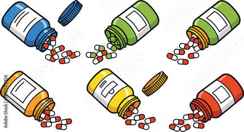 Set of colorful cartoon pill bottles spilled with various capsules and tablets for medical healthcare and pharmacy design.