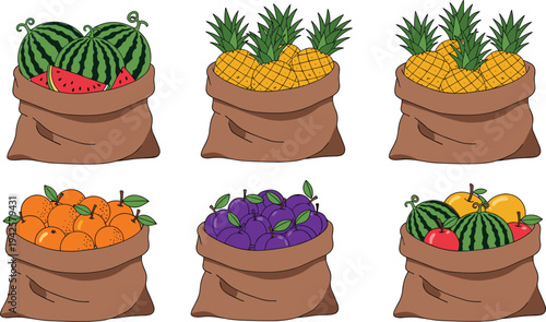 Set of colorful cartoon fruit sacks featuring fresh watermelons pineapples oranges and plums in brown burlap bags for organic farm market design.