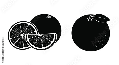 Black and white illustration of oranges including a halved and whole fruit
