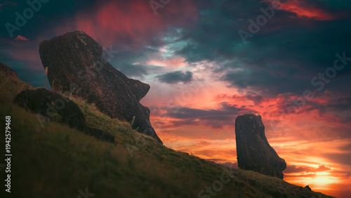 Foto Two Moai statues silhouettes on Easter Island at fiery sunset with copy space