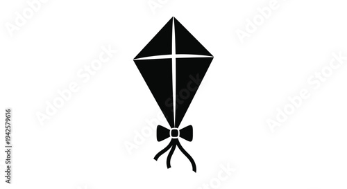 Simple black and white illustration of a diamond shaped kite with a tail