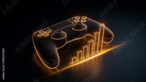 Obraz na płótnie Game controller with rising data chart symbolizing growth in the gaming industry and digital entertainment economy