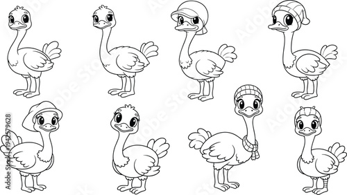 Set of cute cartoon ostrich characters in various poses wearing hats and scarves in black and white line art style for kids coloring book.
