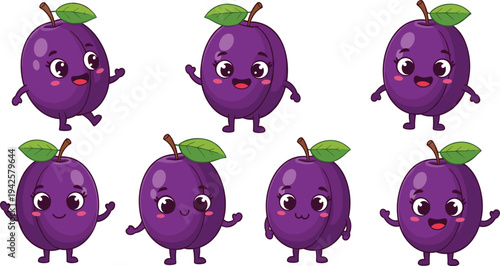 Set of cute cartoon plum fruit characters with various happy facial expressions and playful poses for kids healthy food design.