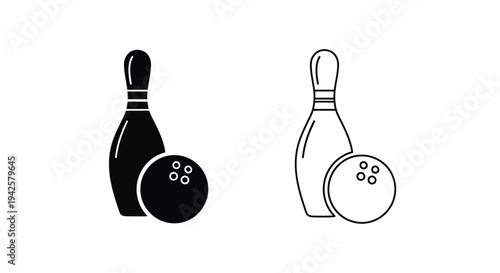 Black and white line drawing of bowling pins and a ball