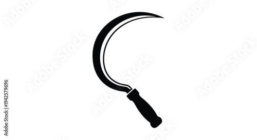 A stark black silhouette of a traditional farming sickle or reaping hook