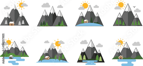 Set of flat mountain landscape icons featuring snow-capped peaks cozy cabins pine trees and lakes under a bright sun and clouds.