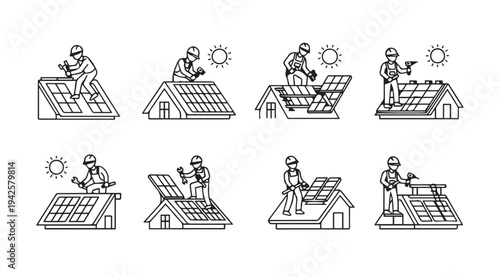 Workers Install Solar Panels on House Roofs Renewable Energy Installation Process Stock Graphics