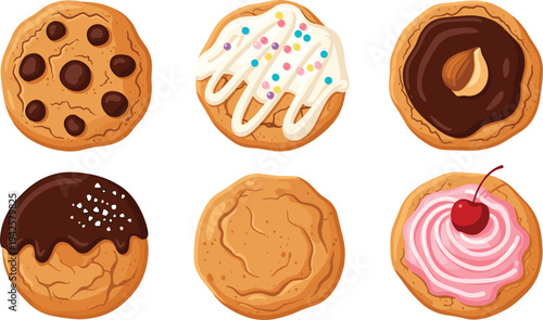 Set of delicious cartoon cookie characters featuring chocolate chips white frosting with sprinkles chocolate glaze with nuts and cherry toppings.