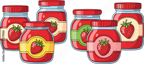 Set of glass jars filled with fresh strawberry jam featuring colorful labels and red lids in cartoon style for food packaging design.