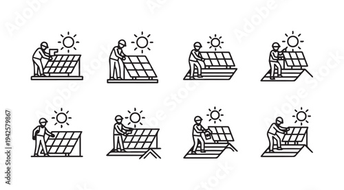 Workers Installing Solar Panels on Roofs and Ground Sun Icon Vector Line Art
