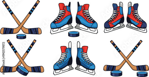 Set of ice hockey equipment featuring crossed hockey sticks pucks and skates in blue and red cartoon style for winter sports design.