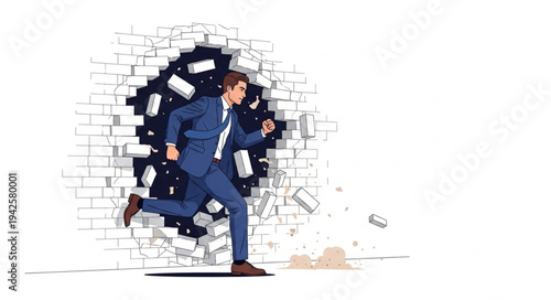 Businessman Breaking Through Brick Wall.