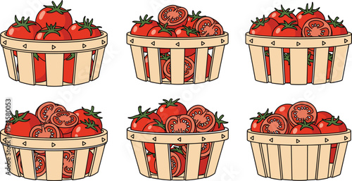 Set of ripe red tomato baskets featuring whole and sliced tomatoes in wooden crates for organic farm market and grocery design.