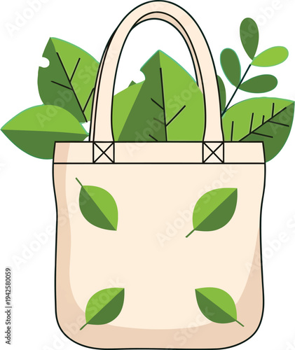 Eco friendly tote bag overflowing with lush green leaves on turquoise background