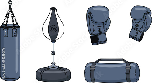 Boxing Training Equipment Set Punching Bag Speed Bag Gloves and Gym Duffle Vector Illustration