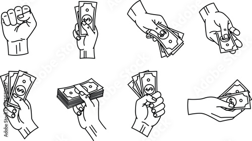 Hands Holding Money Cash Payment and Transaction Outline Vector Illustration Set