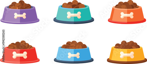 Colorful Dog Food Bowls with Kibble Set Flat Vector Illustration Isolated on White Background