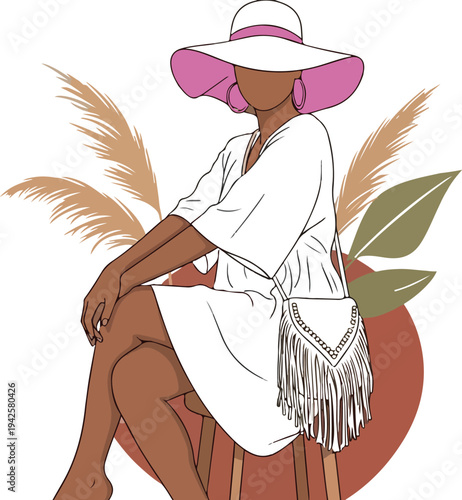 Independent faceless woman vector, sitting on stool, wearing sun hat and fringe bag
