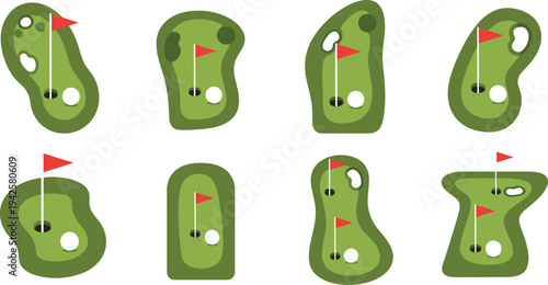 Mini Golf Course Hole Layout Collection with Flags Flat Vector Illustration Set