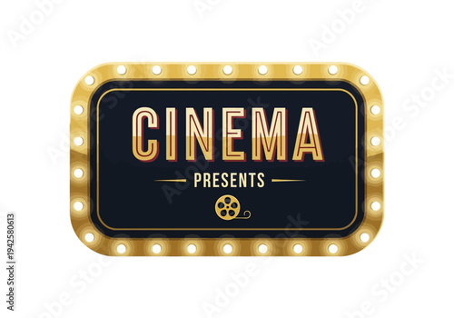 Retro Cinema Marquee Sign with Golden Lights and Film Reel Emblem