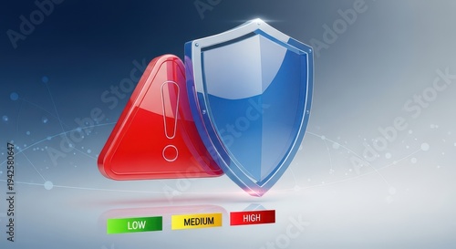 A glossy blue shield icon and a red warning triangle signify digital security measures and potential risks for data protection.