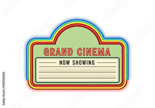 Retro cinema marquee with 'Grand Cinema' text and 'Now Showing' message, evoking nostalgia and entertainment