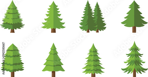 Pine Tree Collection Evergreen Forest Trees Flat Vector Illustration Set