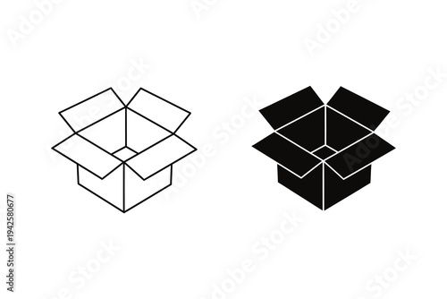 Two open cardboard boxes, one outlined and one filled, simple line art style, isolated on white background, symbolizing packaging and shipping concepts.