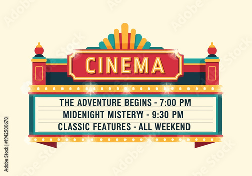 Retro cinema marquee announcing movie showtimes for 'The Adventure Begins' and 'Midenight Misteryy' with classic features all weekend