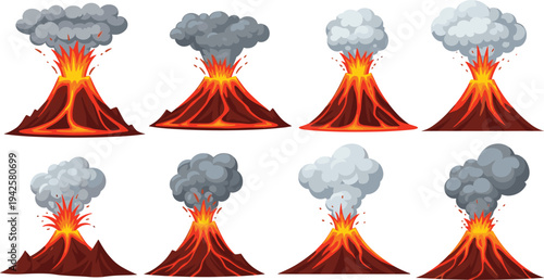 Set of cartoon volcano eruption icons featuring flowing lava fire sparks and thick grey ash clouds in flat style for nature and disaster design.