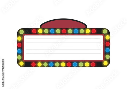 Blank illuminated movie theater marquee sign with copy space and colorful light bulbs border