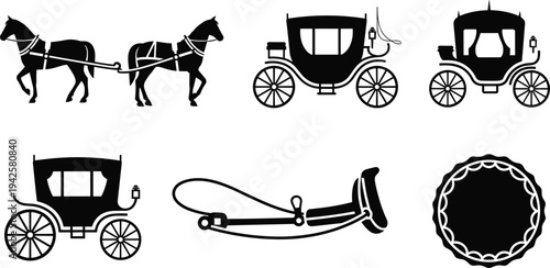 Vintage Horse Drawn Carriage and Harness Silhouette Collection Vector Illustration Set