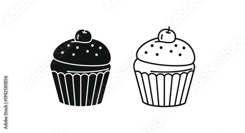Two hand drawn cupcakes with cherries presented in black and white