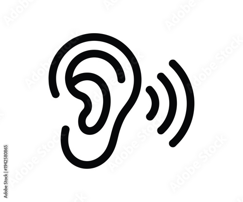 A simple black icon of a human ear with sound waves emanating from it