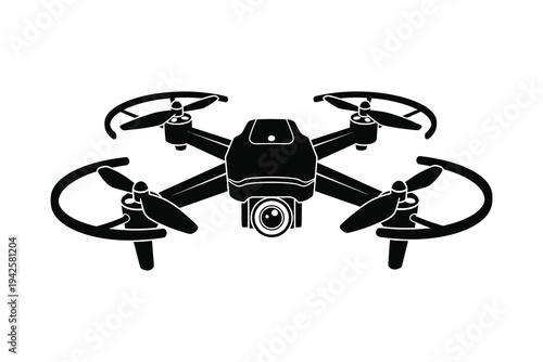 Black vector illustration of a quadcopter drone with four rotors and camera