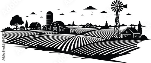 Rural Farm Landscape with Windmill Barn and Plowed Fields Silhouette Vector Illustration