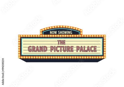 \"The Grand Picture Palace\" Movie Theater Marquee with \"Now Showing\" Display and Decorative Lighting