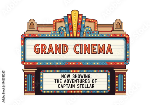 Retro Grand Cinema Marquee Sign with "Now Showing The Adventures of Captain Stellar" Display