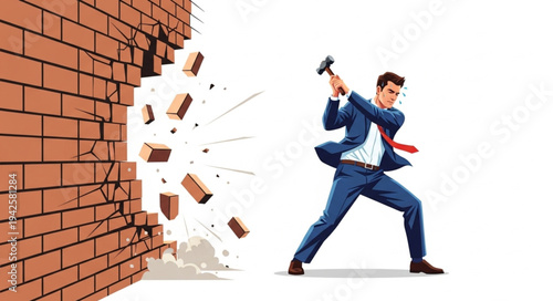Businessman Breaking Through Brick Wall.